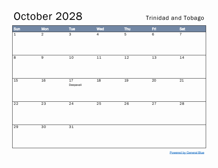 October 2028 Simple Monthly Calendar for Trinidad and Tobago
