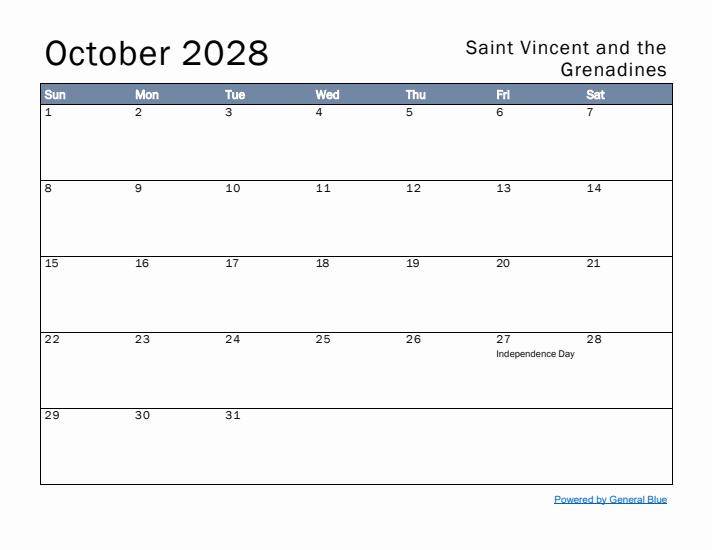 October 2028 Simple Monthly Calendar for Saint Vincent and the Grenadines