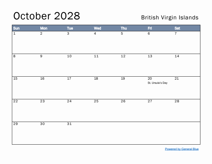 October 2028 Simple Monthly Calendar for British Virgin Islands