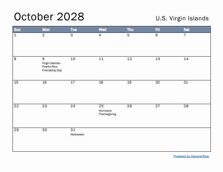 October 2028 Simple Monthly Calendar for U.S. Virgin Islands