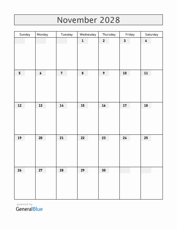 Blank November 2028 Calendar