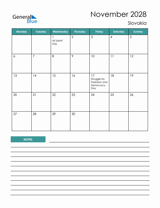 Calendar with Notes Printable - Monday Start