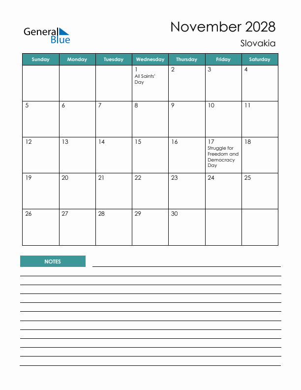 Calendar with Notes Printable - Sunday Start