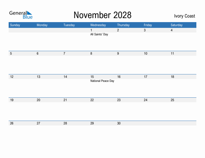 Fillable November 2028 Calendar