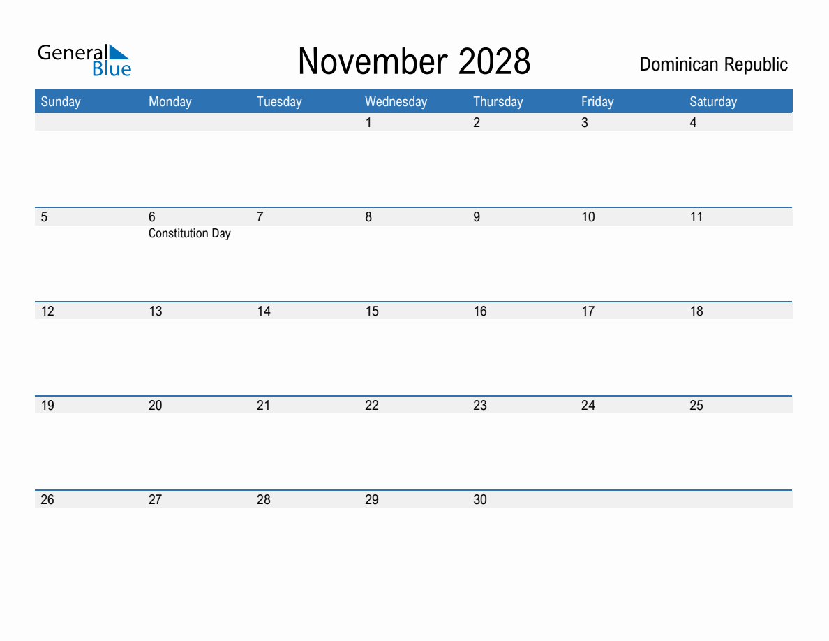 November 2028 Monthly Calendars with Dominican Republic Holidays
