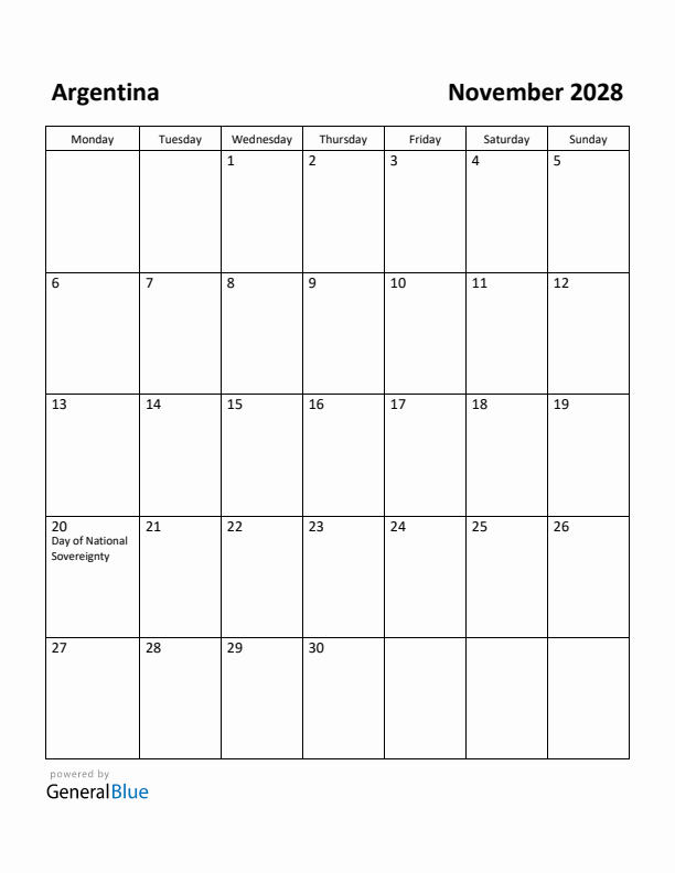 November 2028 Calendar with Argentina Holidays