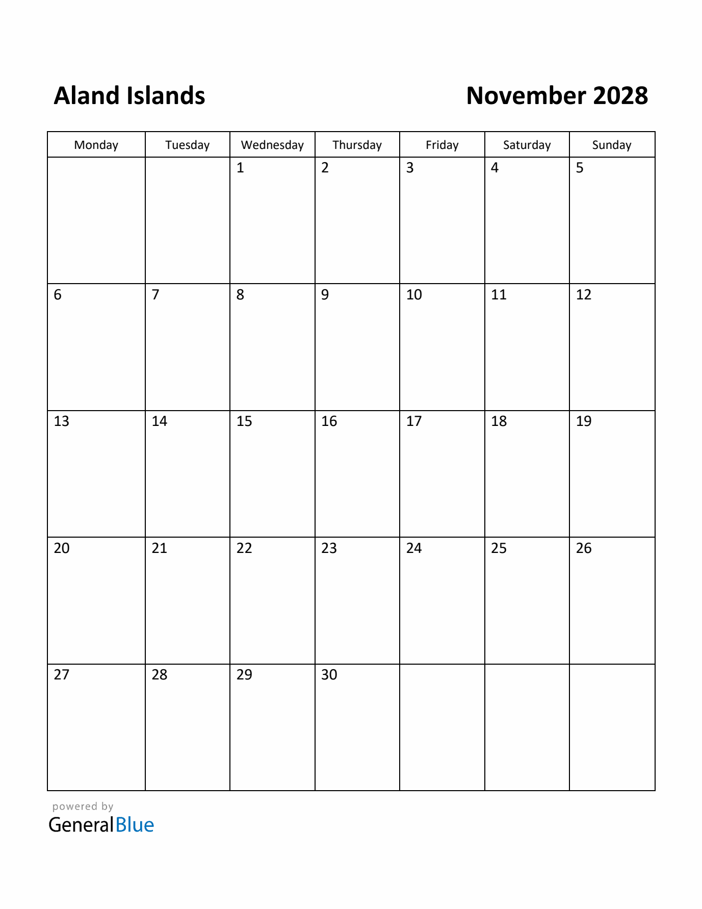 November 2028 Calendar with Aland Islands Holidays