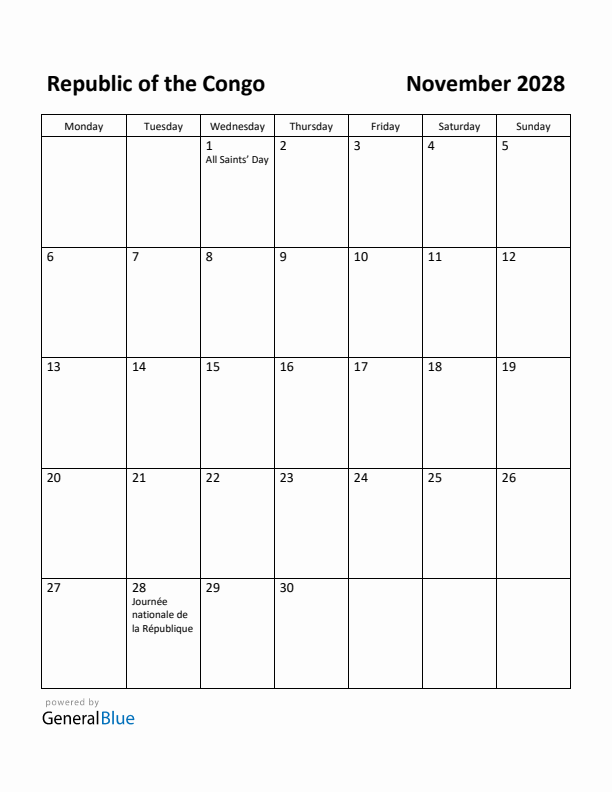 November 2028 Calendar with Republic of the Congo Holidays