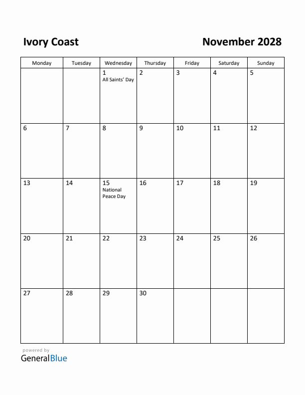 November 2028 Calendar with Ivory Coast Holidays