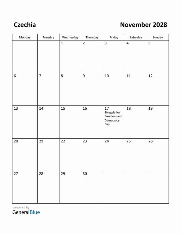 November 2028 Calendar with Czechia Holidays