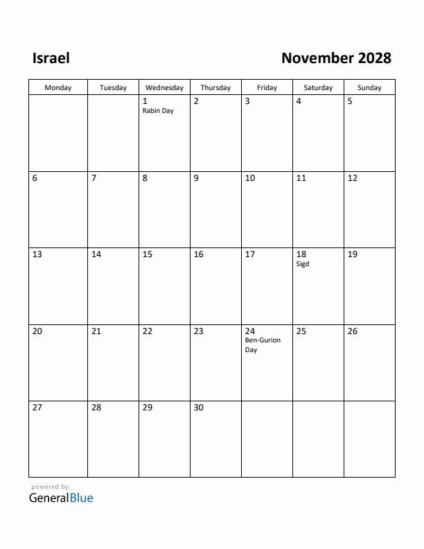 November 2028 Calendar with Israel Holidays