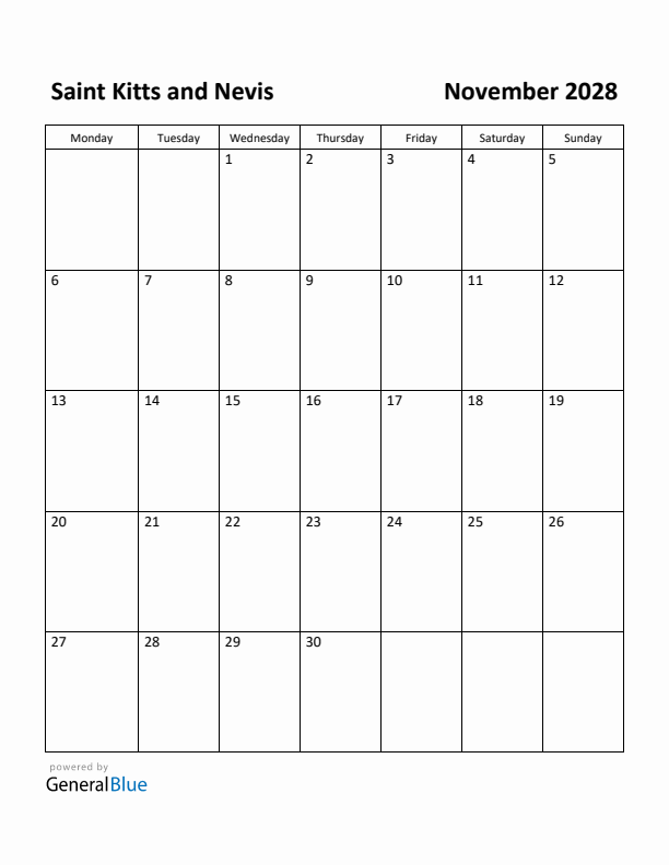 November 2028 Calendar with Saint Kitts and Nevis Holidays