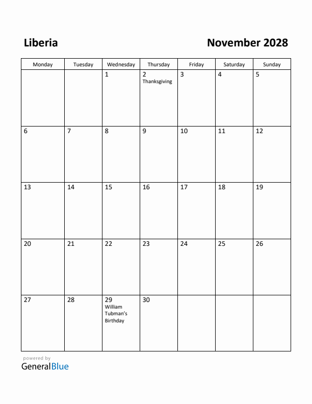 November 2028 Calendar with Liberia Holidays
