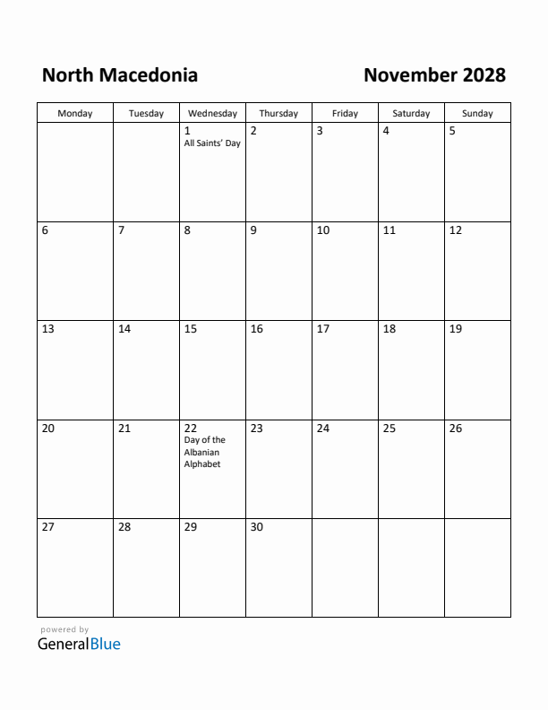 November 2028 Calendar with North Macedonia Holidays