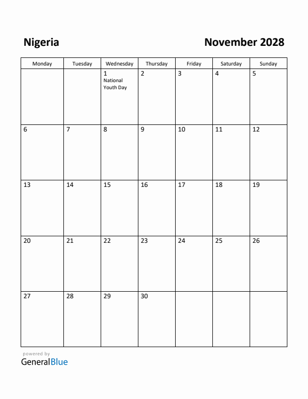 November 2028 Calendar with Nigeria Holidays