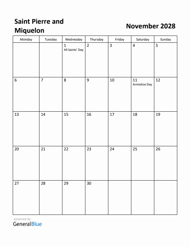 November 2028 Calendar with Saint Pierre and Miquelon Holidays