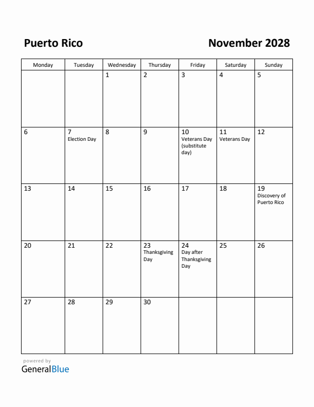November 2028 Calendar with Puerto Rico Holidays