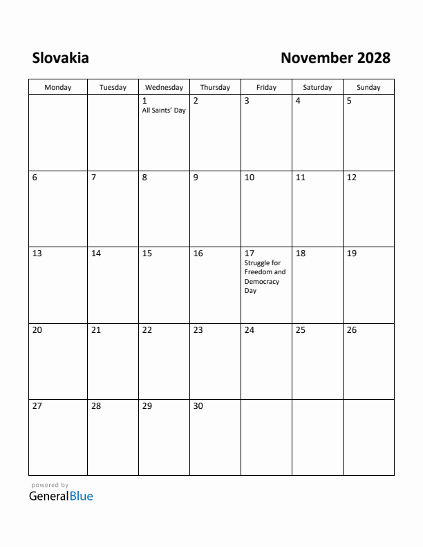 November 2028 Calendar with Slovakia Holidays