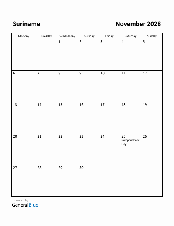 November 2028 Calendar with Suriname Holidays