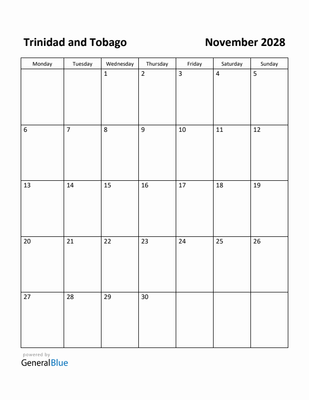 November 2028 Calendar with Trinidad and Tobago Holidays