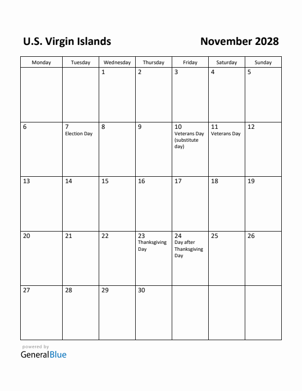 November 2028 Calendar with U.S. Virgin Islands Holidays