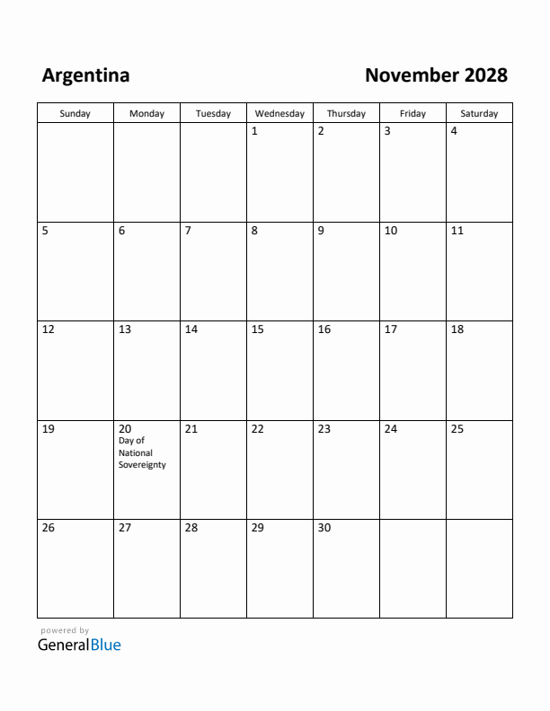 November 2028 Calendar with Argentina Holidays