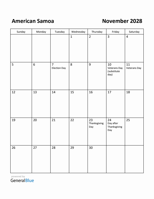 November 2028 Calendar with American Samoa Holidays