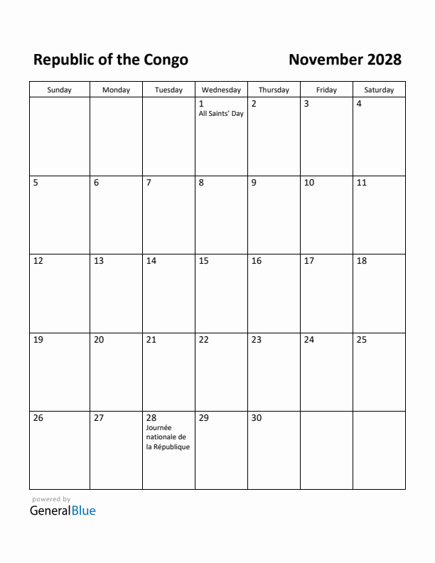 November 2028 Calendar with Republic of the Congo Holidays