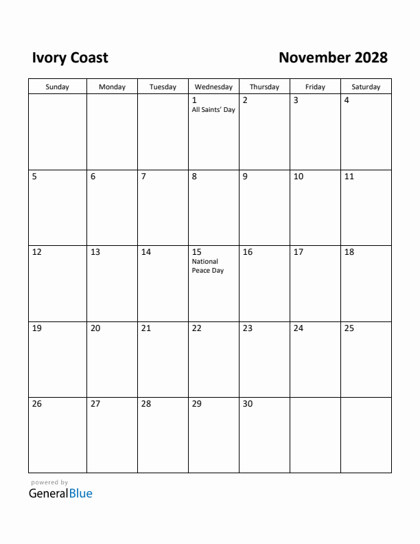 November 2028 Calendar with Ivory Coast Holidays