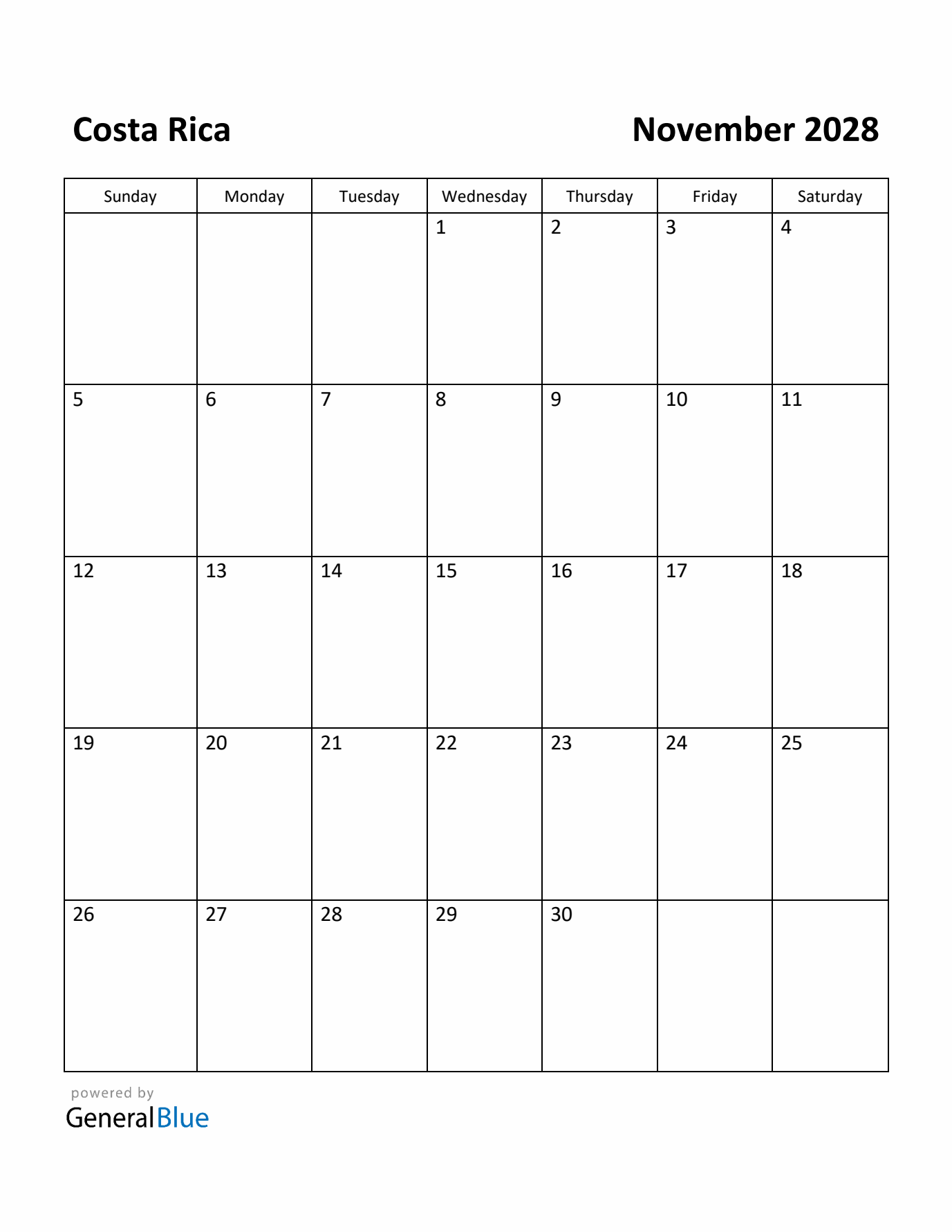 November 2028 Calendar with Costa Rica Holidays