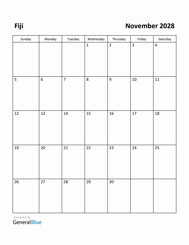November 2028 Calendar with Fiji Holidays