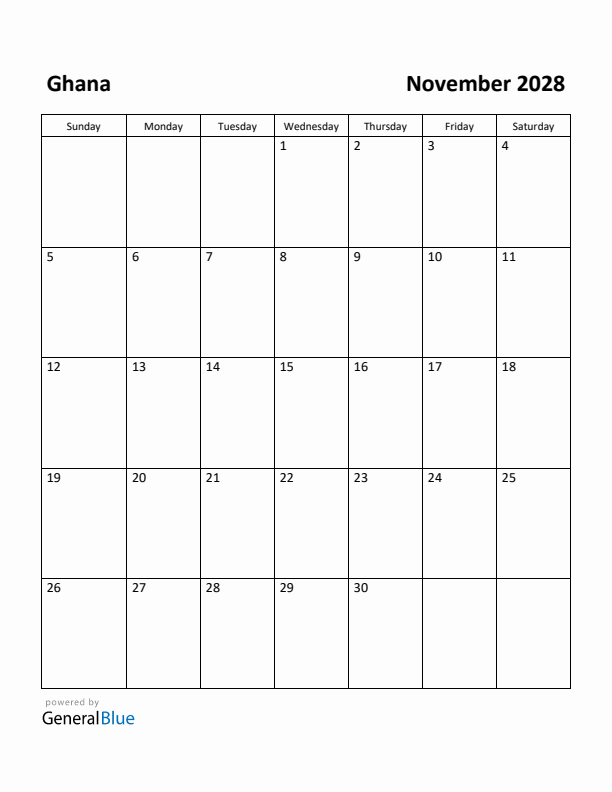 November 2028 Calendar with Ghana Holidays