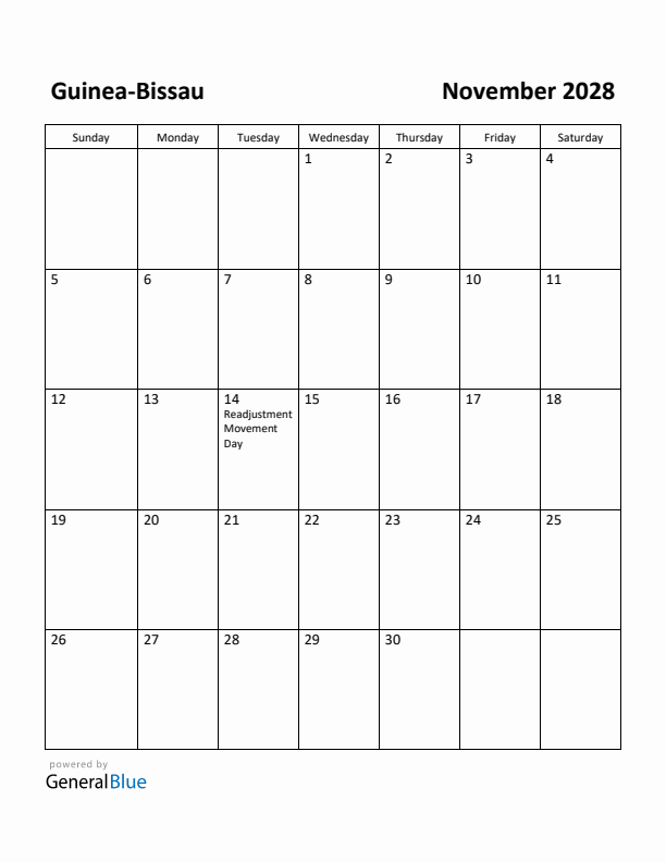November 2028 Calendar with Guinea-Bissau Holidays
