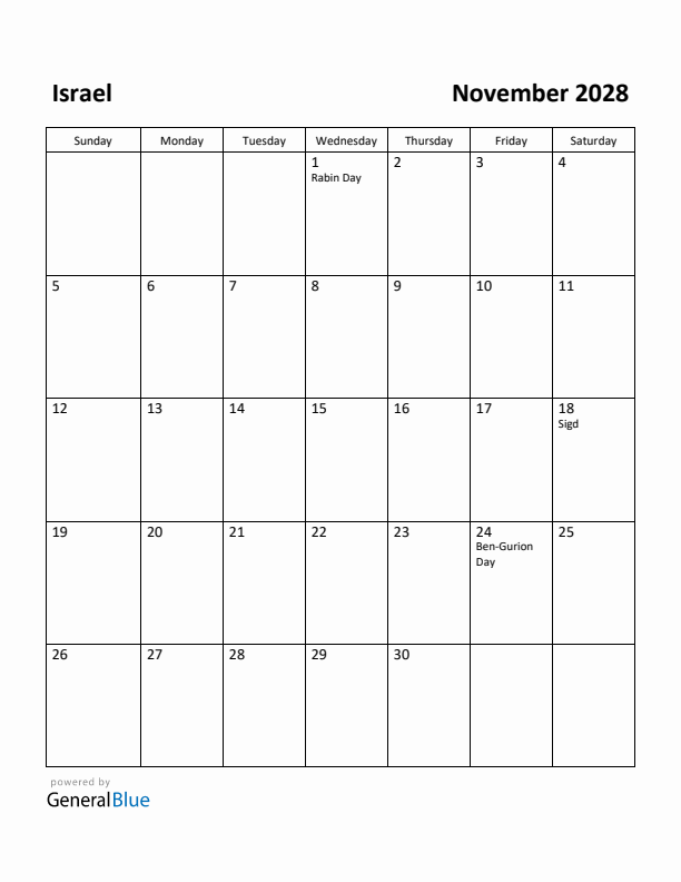 November 2028 Calendar with Israel Holidays