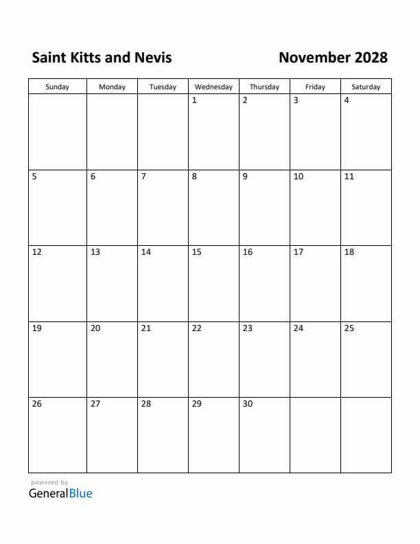 November 2028 Calendar with Saint Kitts and Nevis Holidays