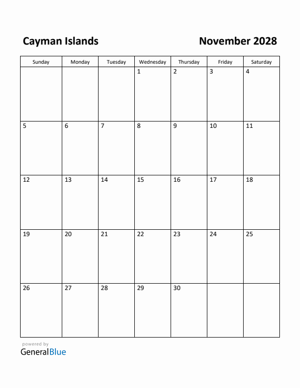 November 2028 Calendar with Cayman Islands Holidays