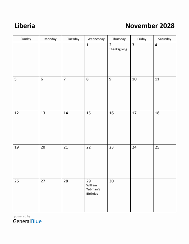 November 2028 Calendar with Liberia Holidays