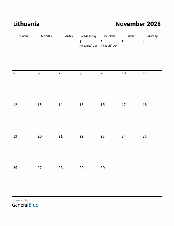 November 2028 Calendar with Lithuania Holidays