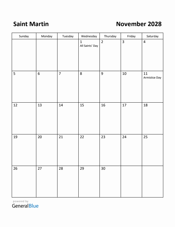November 2028 Calendar with Saint Martin Holidays
