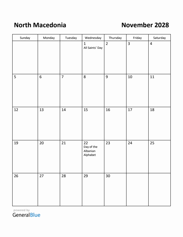 November 2028 Calendar with North Macedonia Holidays
