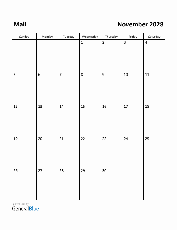 November 2028 Calendar with Mali Holidays