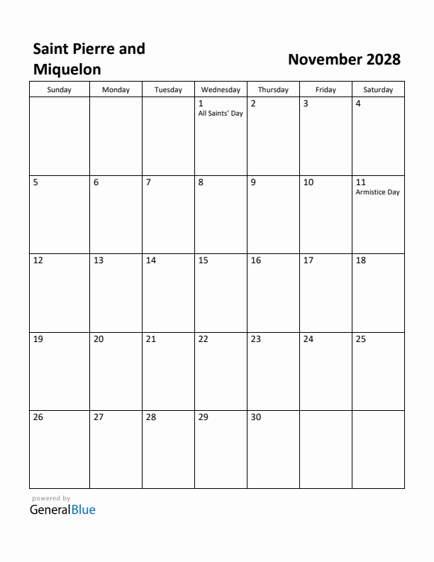 November 2028 Calendar with Saint Pierre and Miquelon Holidays