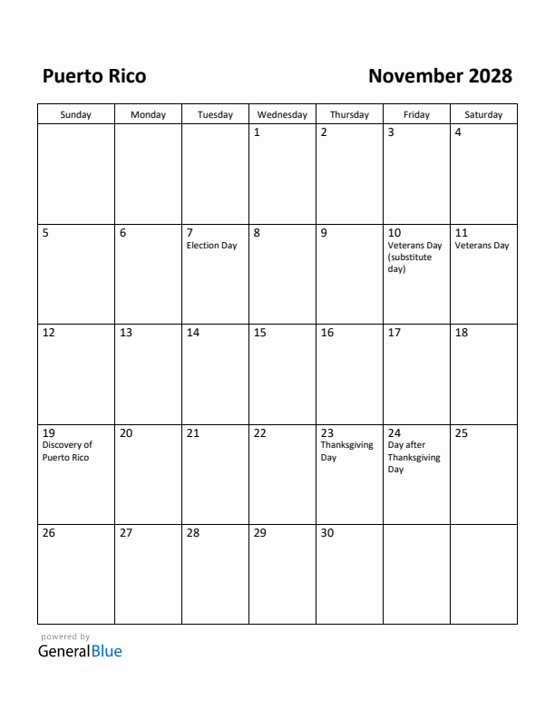 November 2028 Calendar with Puerto Rico Holidays
