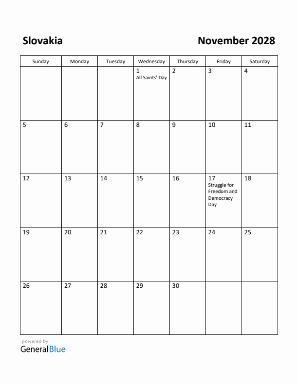 November 2028 Calendar with Slovakia Holidays