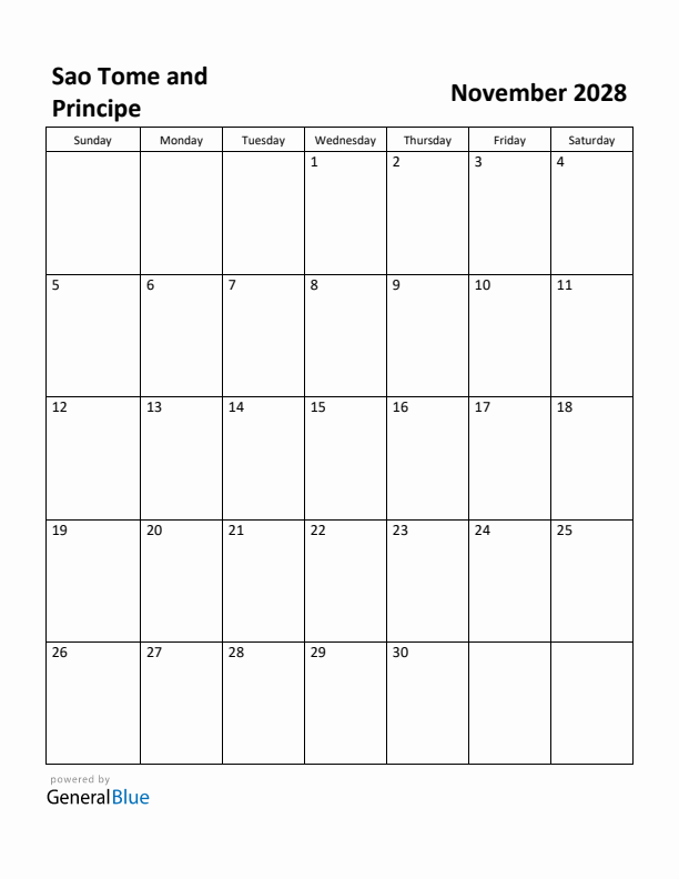 November 2028 Calendar with Sao Tome and Principe Holidays
