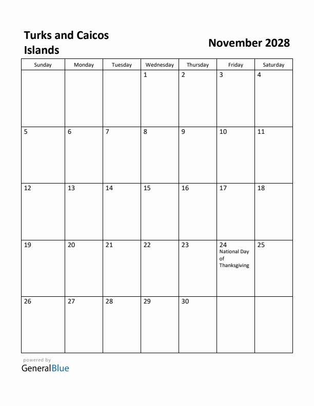 November 2028 Calendar with Turks and Caicos Islands Holidays