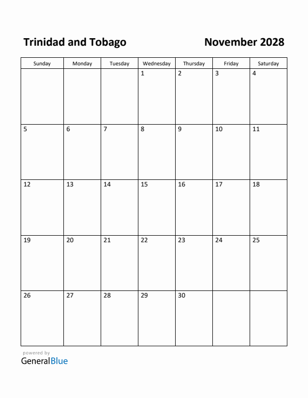 November 2028 Calendar with Trinidad and Tobago Holidays
