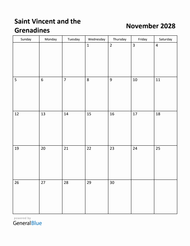 November 2028 Calendar with Saint Vincent and the Grenadines Holidays