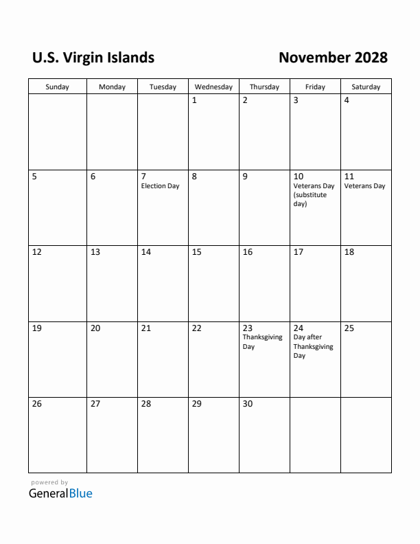 November 2028 Calendar with U.S. Virgin Islands Holidays
