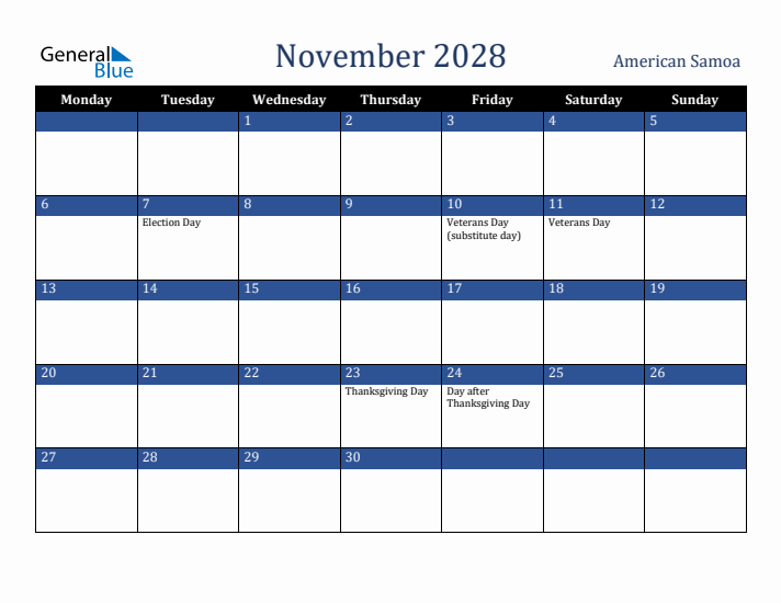 November 2028 American Samoa Calendar (Monday Start)